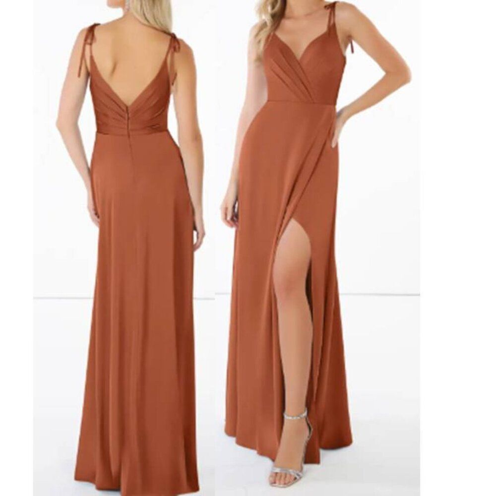 Azazie Satin Maxi Dress Formal Gown Prom Bridesmaid 2Side Pockets Rust Red Size8